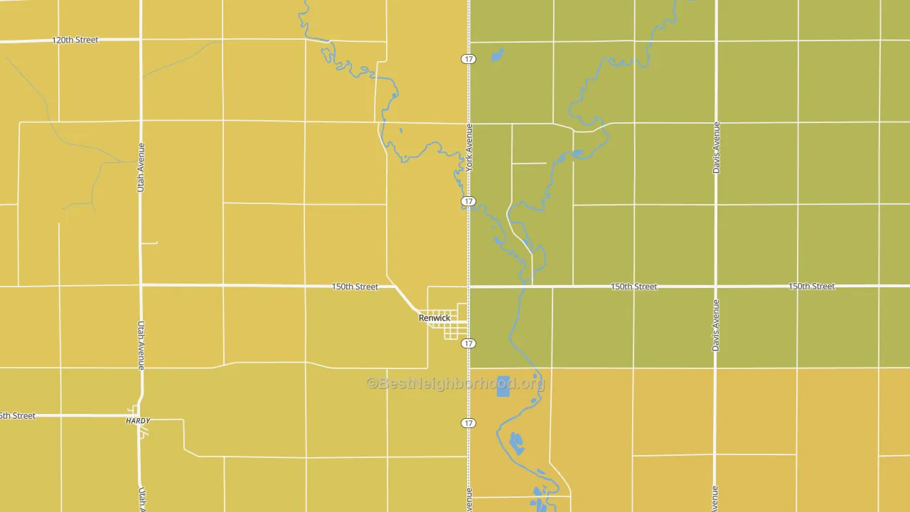 Map of the best neighborhoods in the 50577 area, with better matches in green and worse matches in red