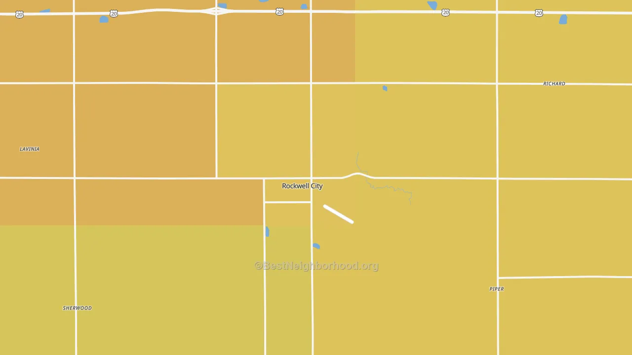 Map of the best neighborhoods in the 50579 area, with better matches in green and worse matches in red