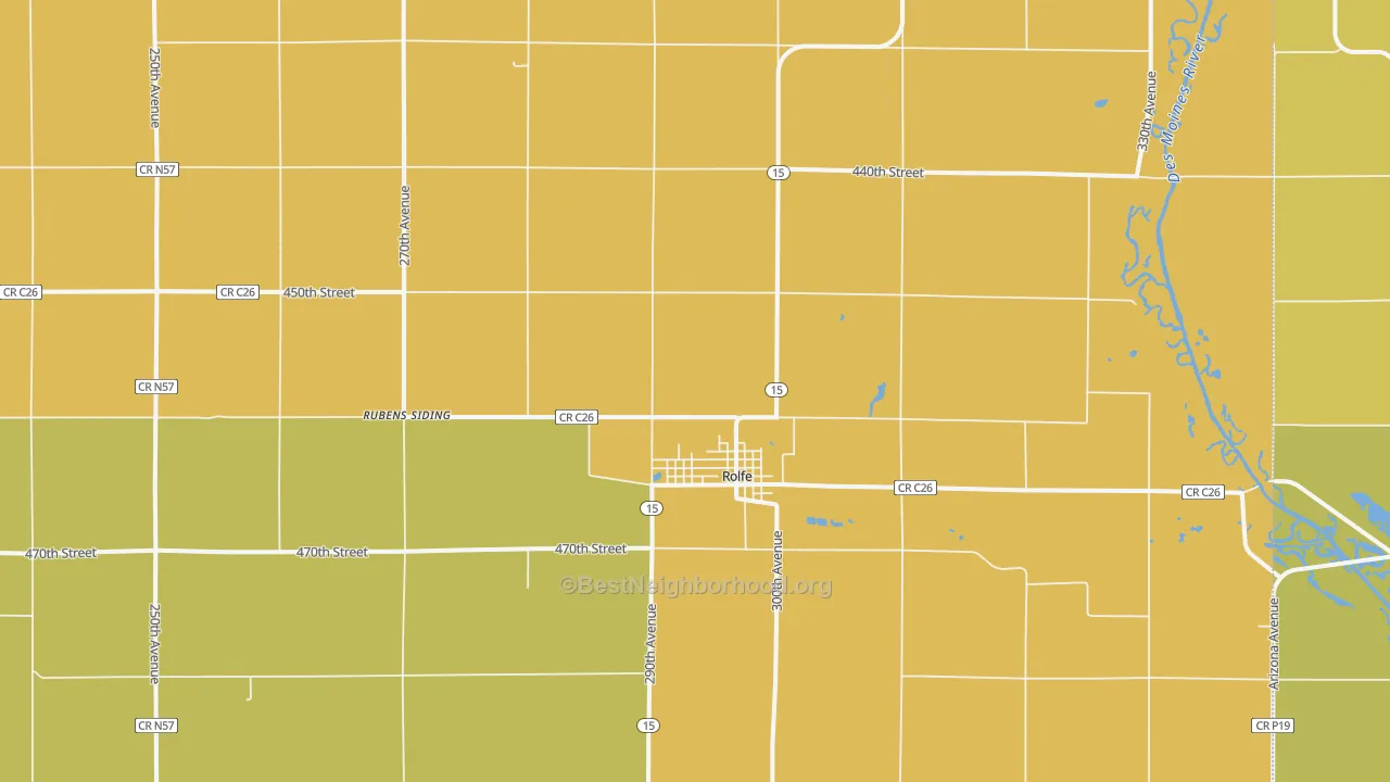 Map of the best neighborhoods in the 50581 area, with better matches in green and worse matches in red
