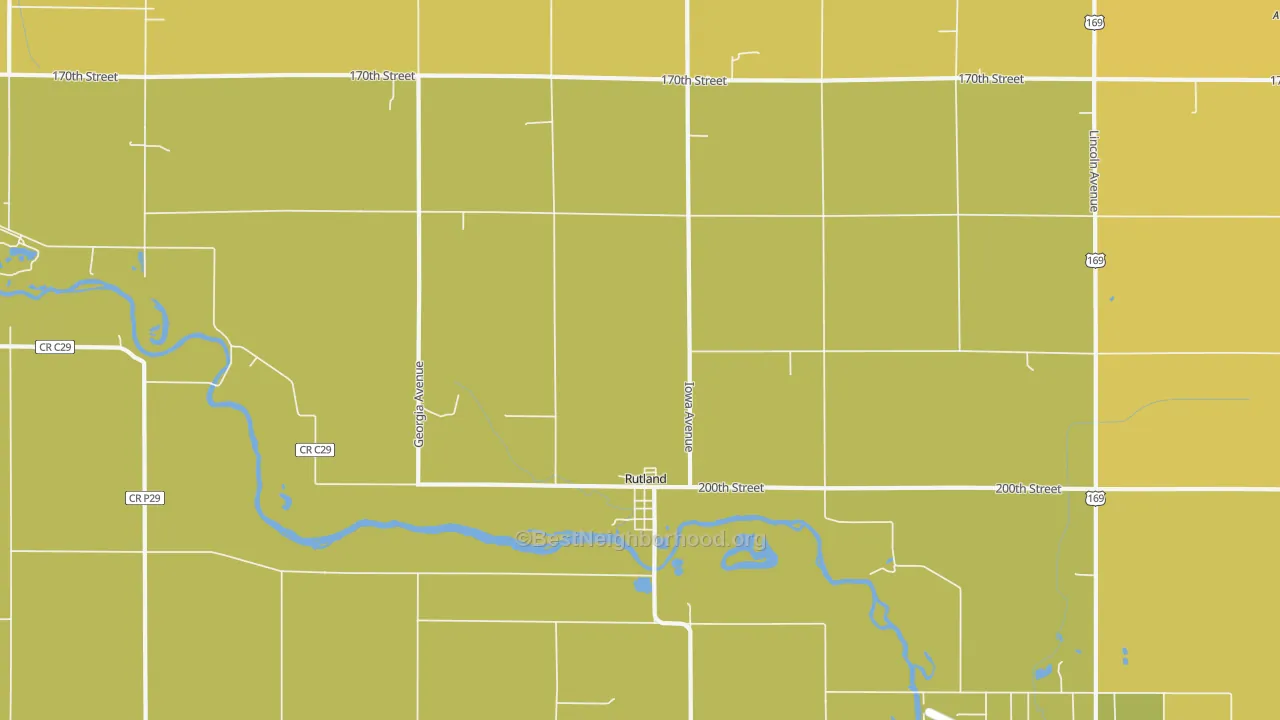 Map of the best neighborhoods in the 50582 area, with better matches in green and worse matches in red
