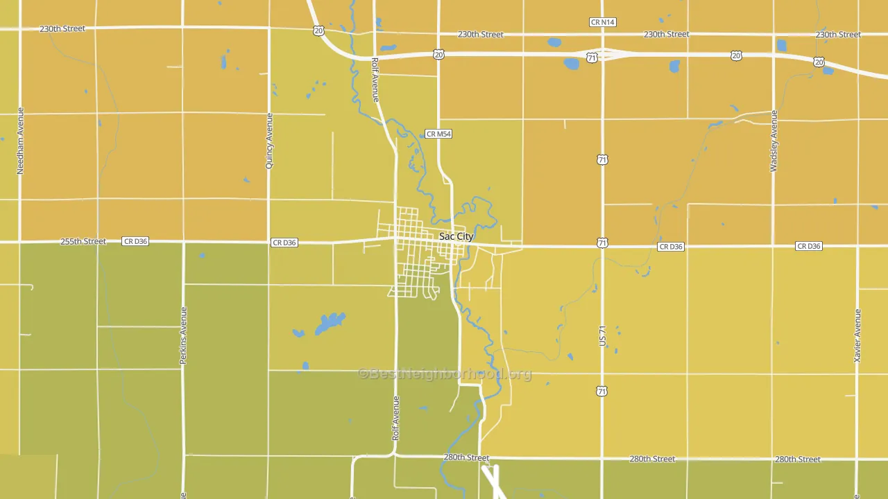 Map of the best neighborhoods in the 50583 area, with better matches in green and worse matches in red