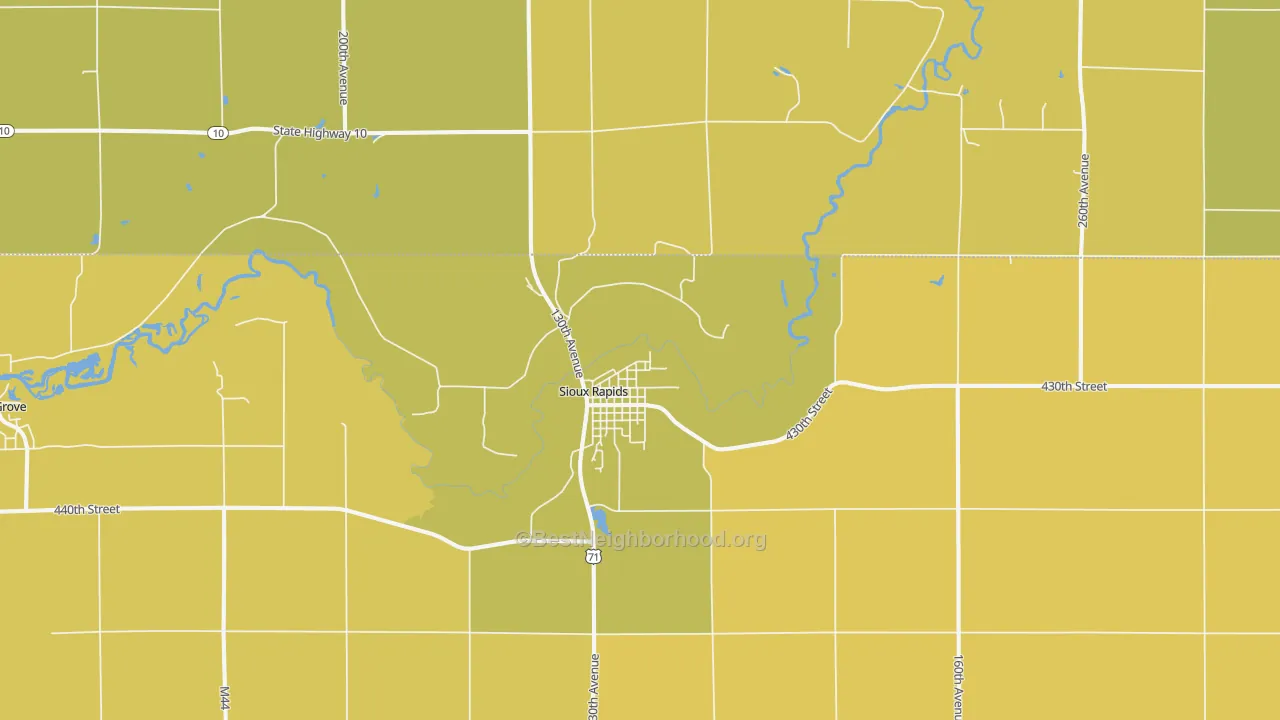 Map of the best neighborhoods in the 50585 area, with better matches in green and worse matches in red