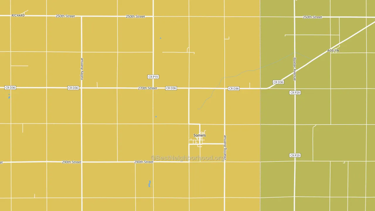 Map of the best neighborhoods in the 50586 area, with better matches in green and worse matches in red