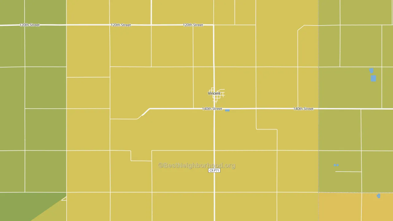 Map of the best neighborhoods in the 50594 area, with better matches in green and worse matches in red