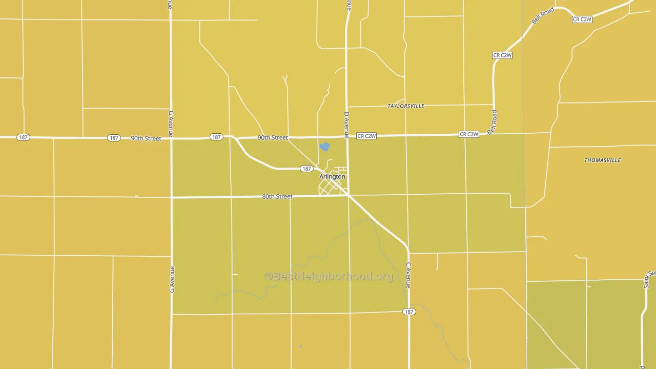Map of the best neighborhoods in the 50606 area, with better matches in green and worse matches in red
