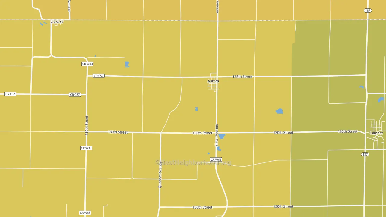 Map of the best neighborhoods in the 50607 area, with better matches in green and worse matches in red