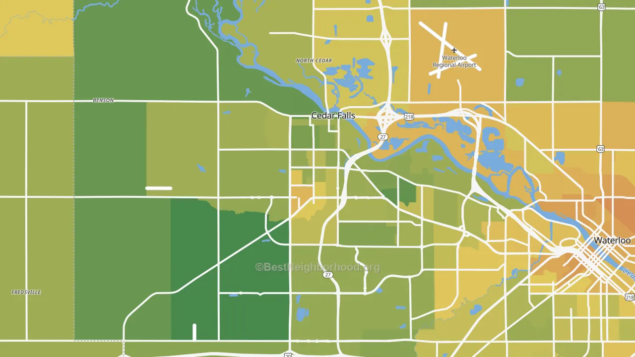 Map of the best neighborhoods in the 50613 area, with better matches in green and worse matches in red