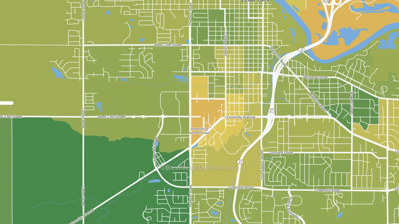 Map of the best neighborhoods in the 50614 area, with better matches in green and worse matches in red