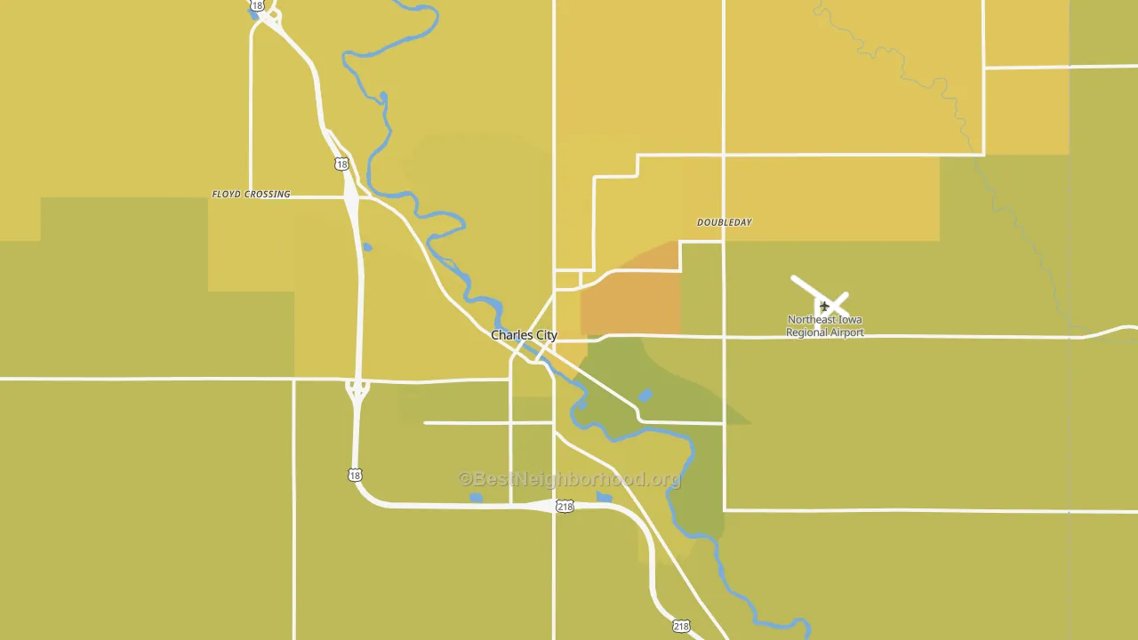 Map of the best neighborhoods in the 50616 area, with better matches in green and worse matches in red