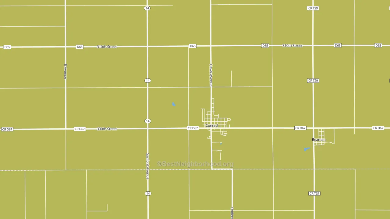 Map of the best neighborhoods in the 50621 area, with better matches in green and worse matches in red