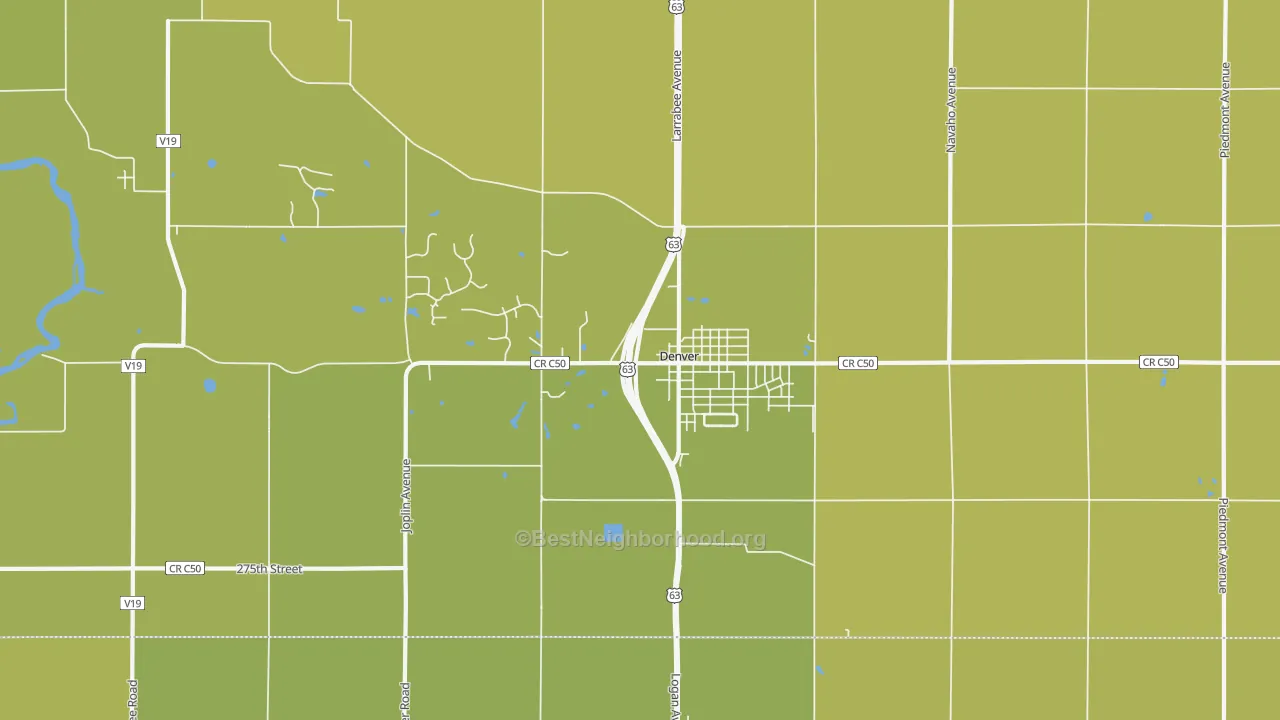 Map of the best neighborhoods in the 50622 area, with better matches in green and worse matches in red