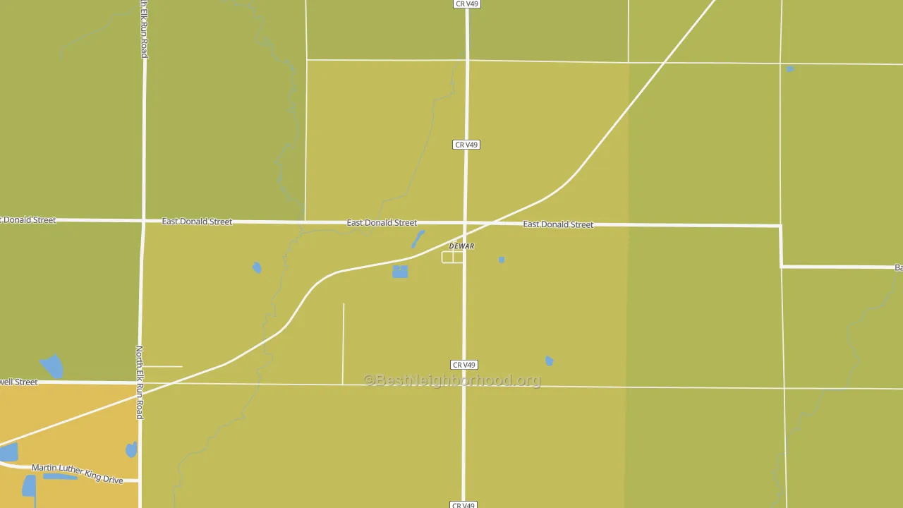Map of the best neighborhoods in the 50623 area, with better matches in green and worse matches in red