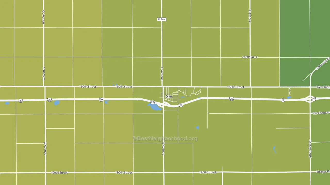 Map of the best neighborhoods in the 50624 area, with better matches in green and worse matches in red