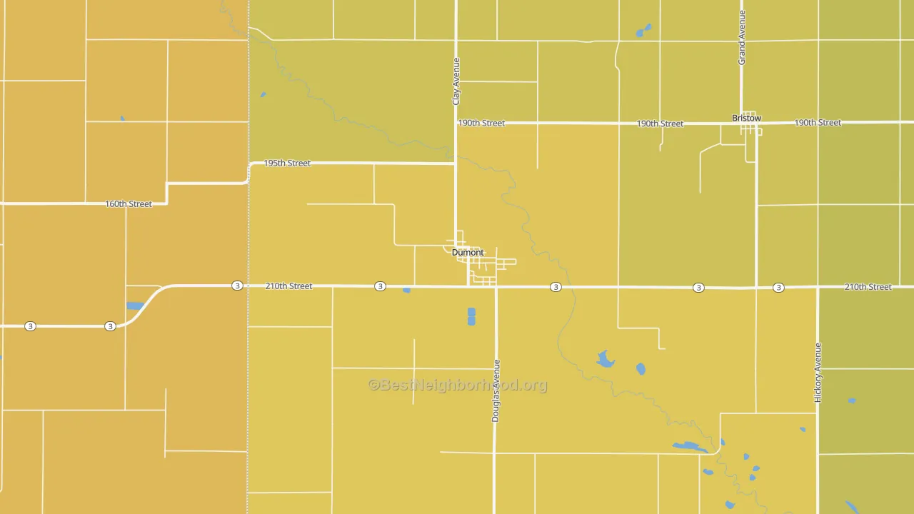 Map of the best neighborhoods in the 50625 area, with better matches in green and worse matches in red