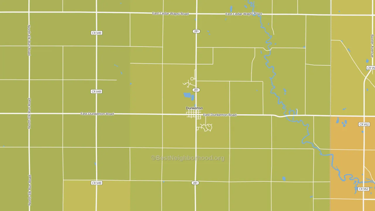 Map of the best neighborhoods in the 50626 area, with better matches in green and worse matches in red