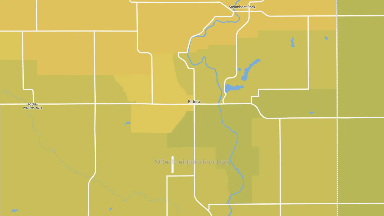 Map of the best neighborhoods in the 50627 area, with better matches in green and worse matches in red