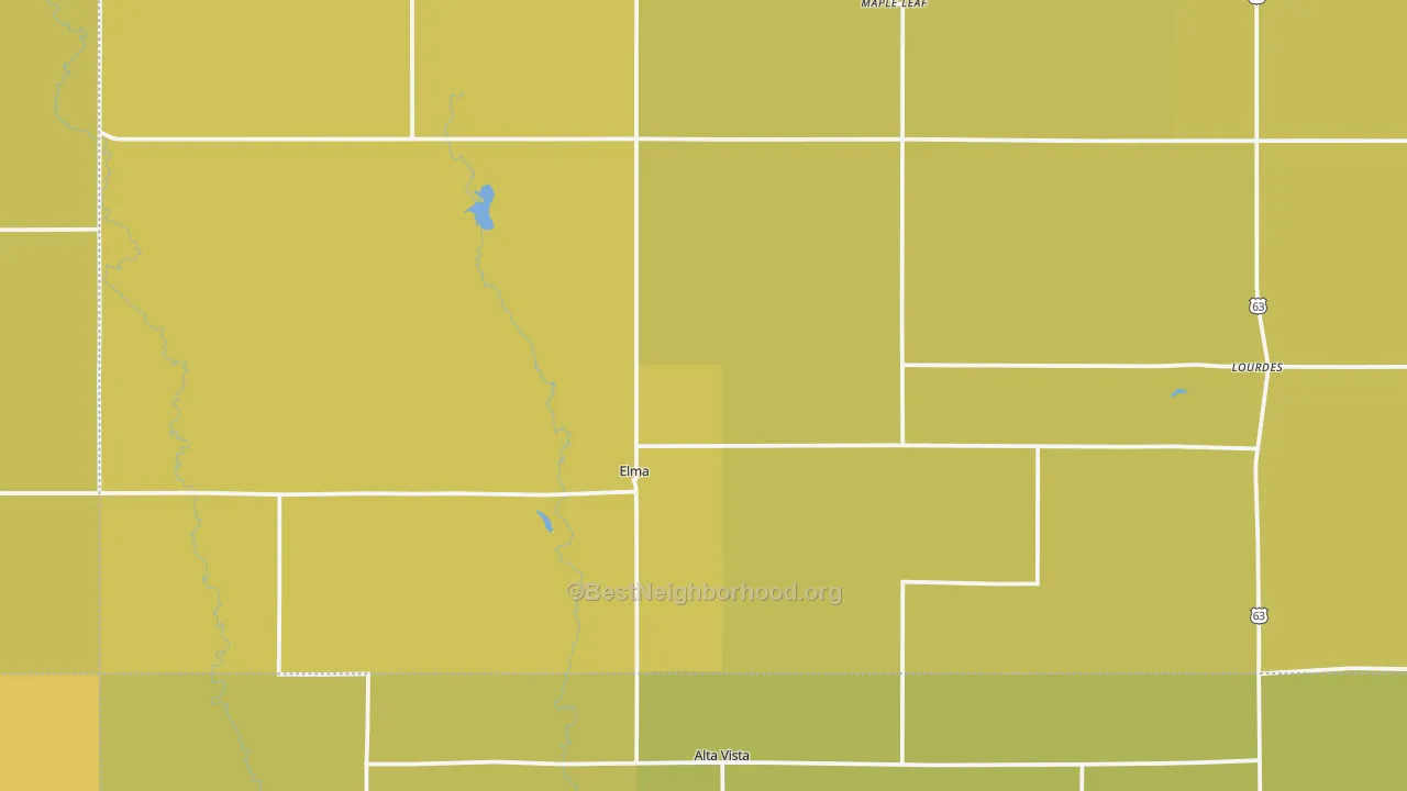 Map of the best neighborhoods in the 50628 area, with better matches in green and worse matches in red
