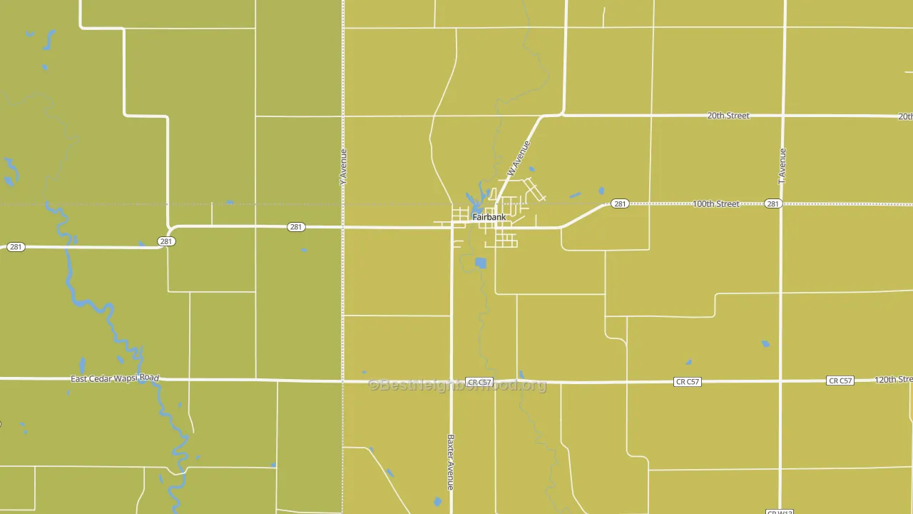 Map of the best neighborhoods in the 50629 area, with better matches in green and worse matches in red