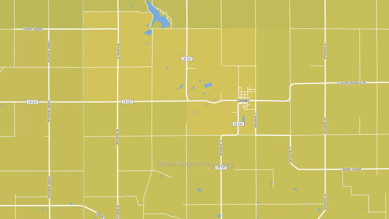 Map of the best neighborhoods in the 50632 area, with better matches in green and worse matches in red