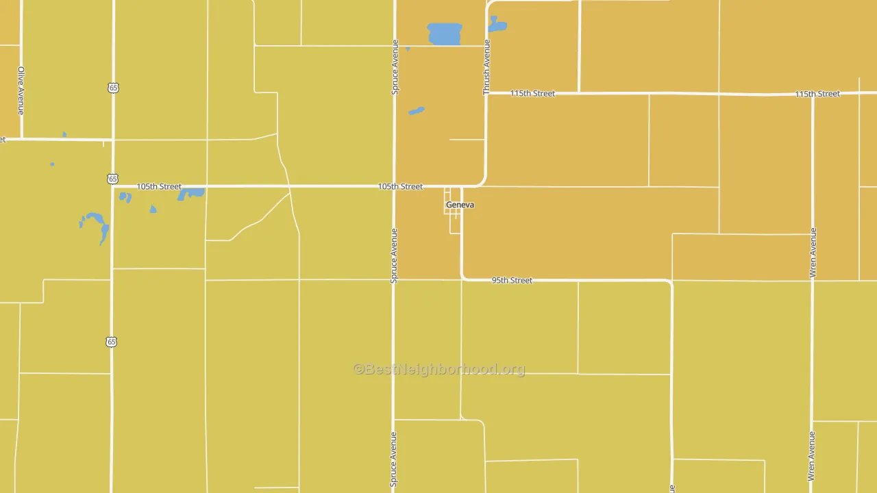 Map of the best neighborhoods in the 50633 area, with better matches in green and worse matches in red