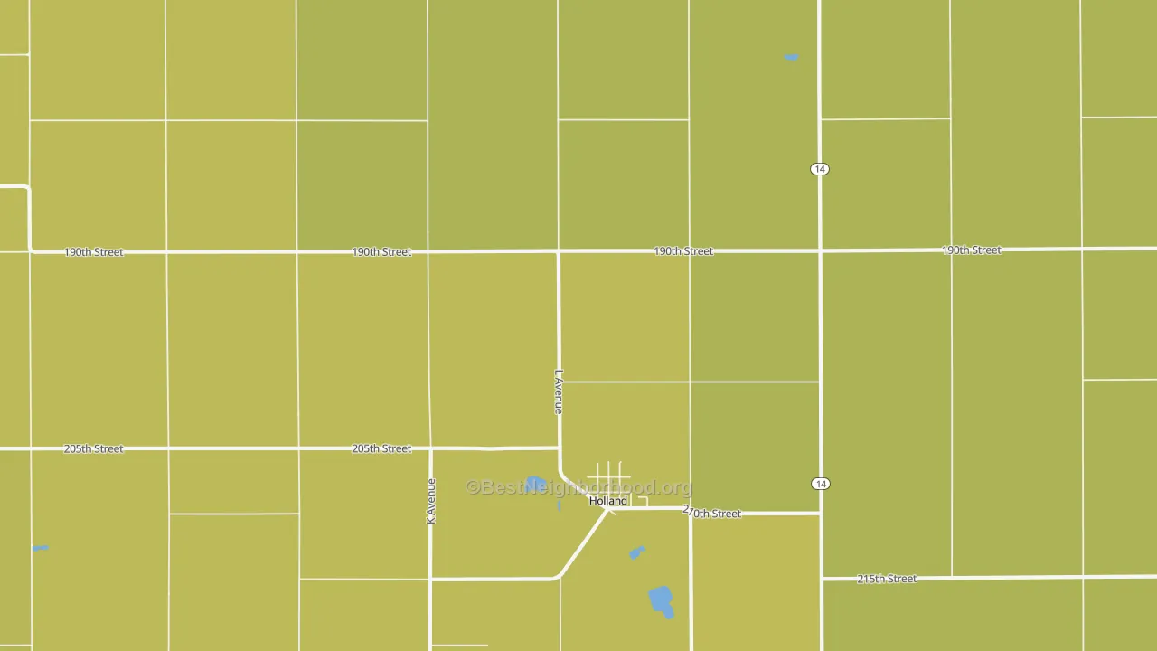 Map of the best neighborhoods in the 50642 area, with better matches in green and worse matches in red