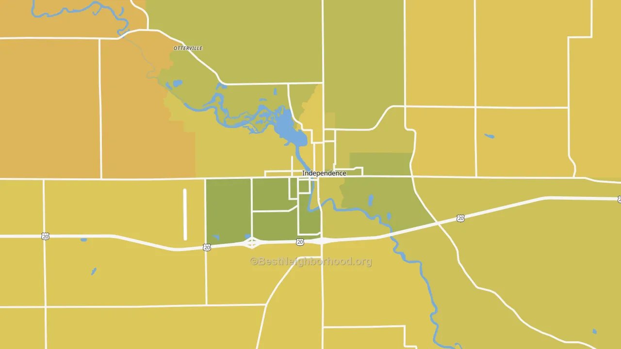 Map of the best neighborhoods in the 50644 area, with better matches in green and worse matches in red