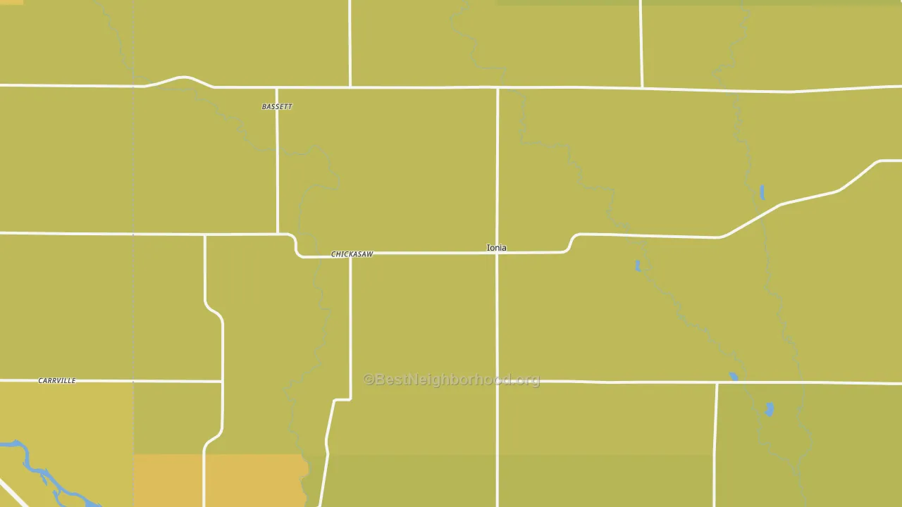 Map of the best neighborhoods in the 50645 area, with better matches in green and worse matches in red