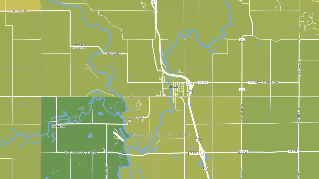 Map of the best neighborhoods in the 50647 area, with better matches in green and worse matches in red
