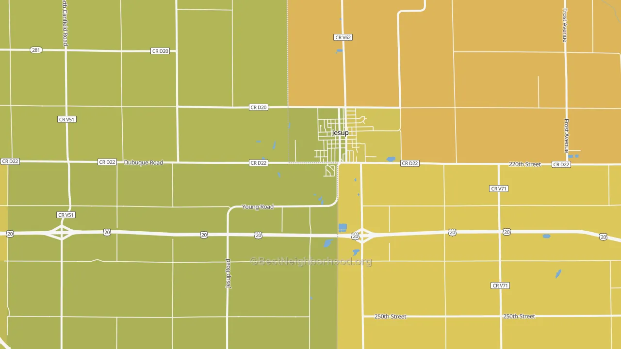 Map of the best neighborhoods in the 50648 area, with better matches in green and worse matches in red