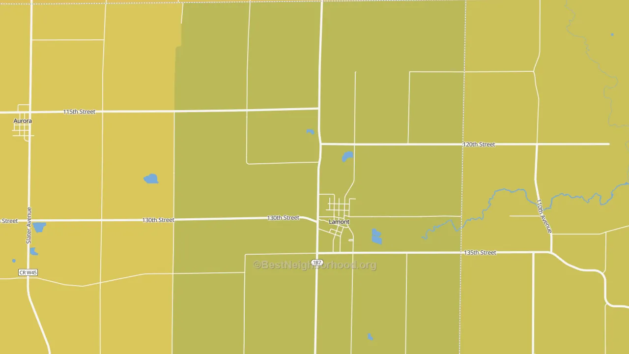 Map of the best neighborhoods in the 50650 area, with better matches in green and worse matches in red