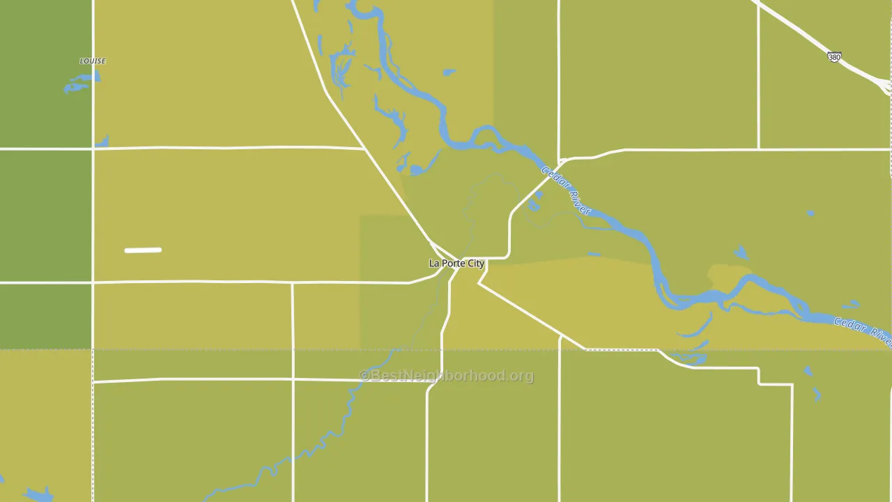 Map of the best neighborhoods in the 50651 area, with better matches in green and worse matches in red