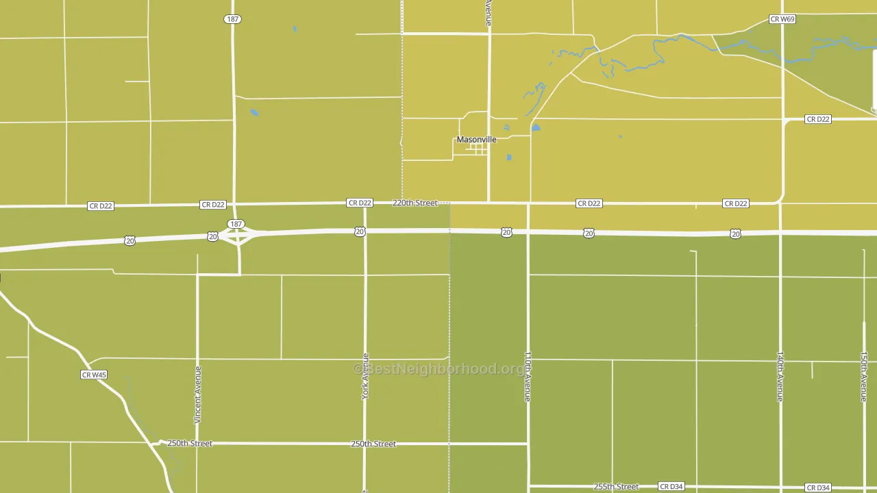 Map of the best neighborhoods in the 50654 area, with better matches in green and worse matches in red