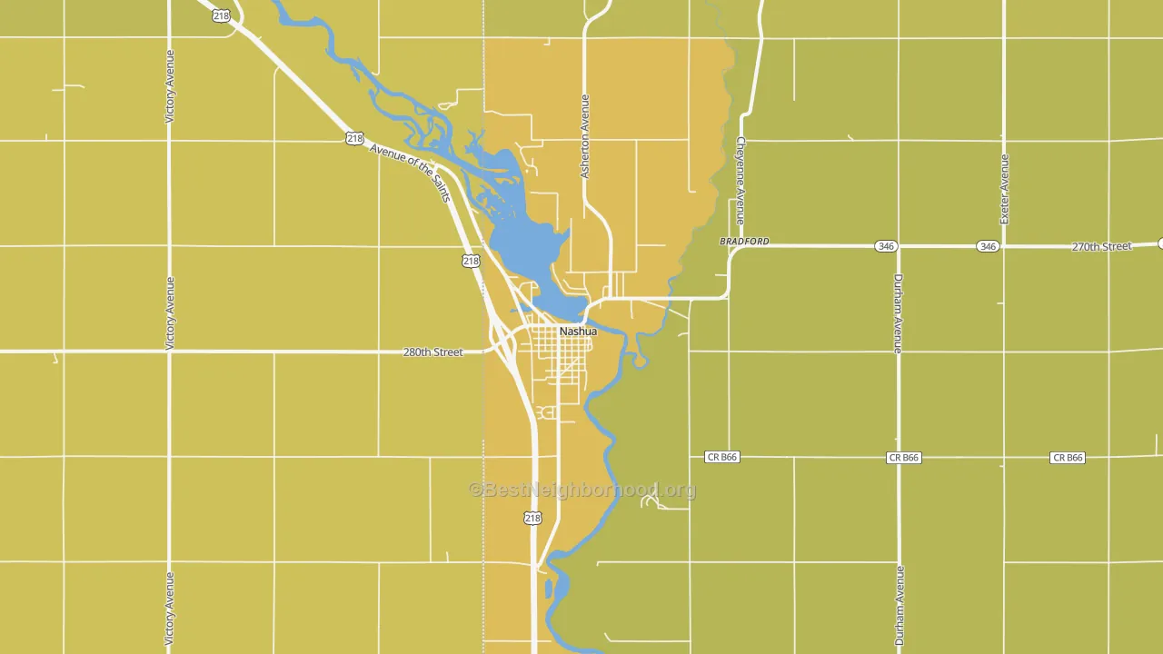 Map of the best neighborhoods in the 50658 area, with better matches in green and worse matches in red