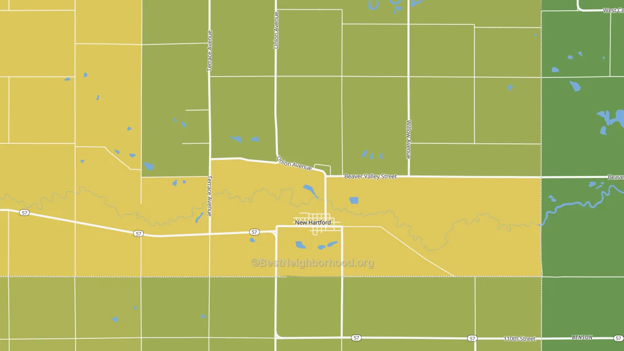 Map of the best neighborhoods in the 50660 area, with better matches in green and worse matches in red
