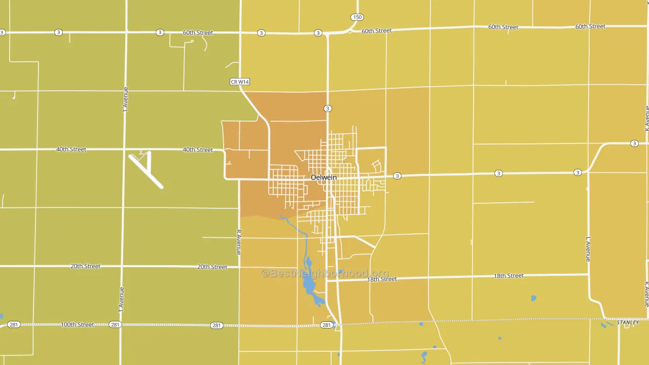 Map of the best neighborhoods in the 50662 area, with better matches in green and worse matches in red