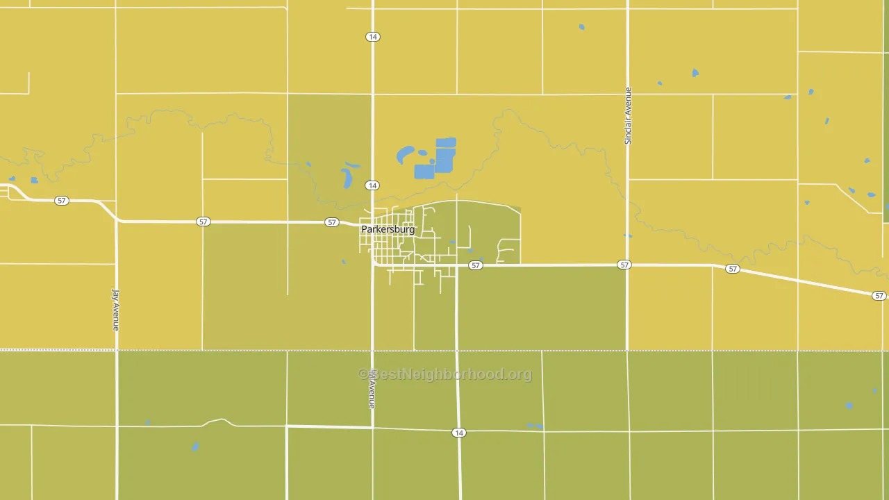 Map of the best neighborhoods in the 50665 area, with better matches in green and worse matches in red