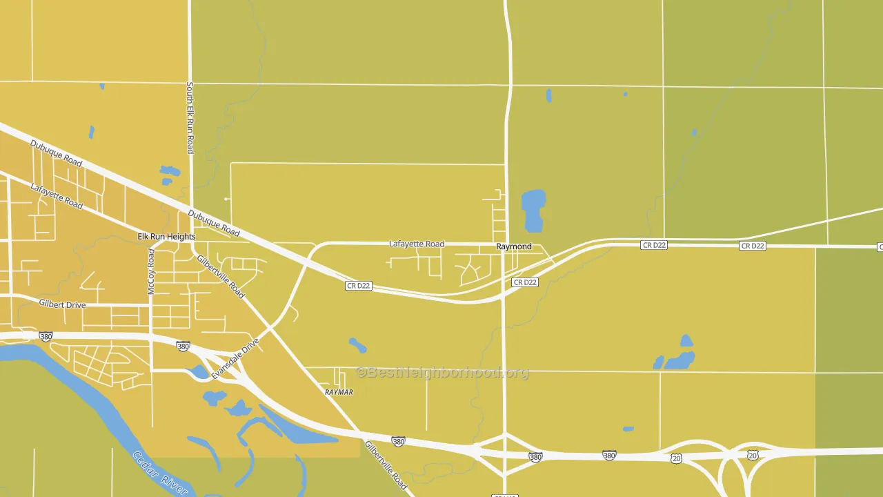 Map of the best neighborhoods in the 50667 area, with better matches in green and worse matches in red