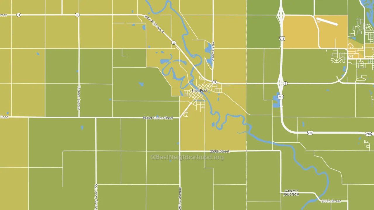 Map of the best neighborhoods in the 50670 area, with better matches in green and worse matches in red