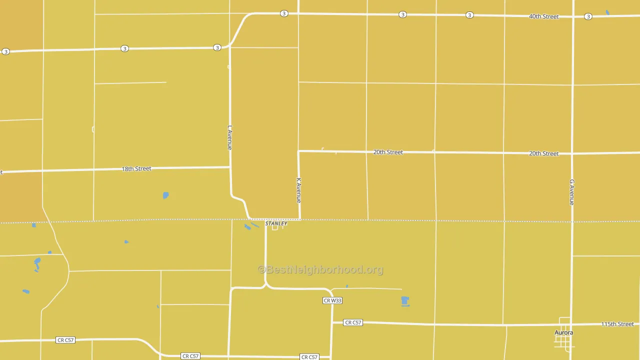 Map of the best neighborhoods in the 50671 area, with better matches in green and worse matches in red