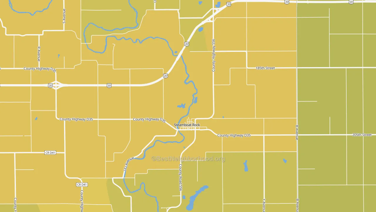 Map of the best neighborhoods in the 50672 area, with better matches in green and worse matches in red