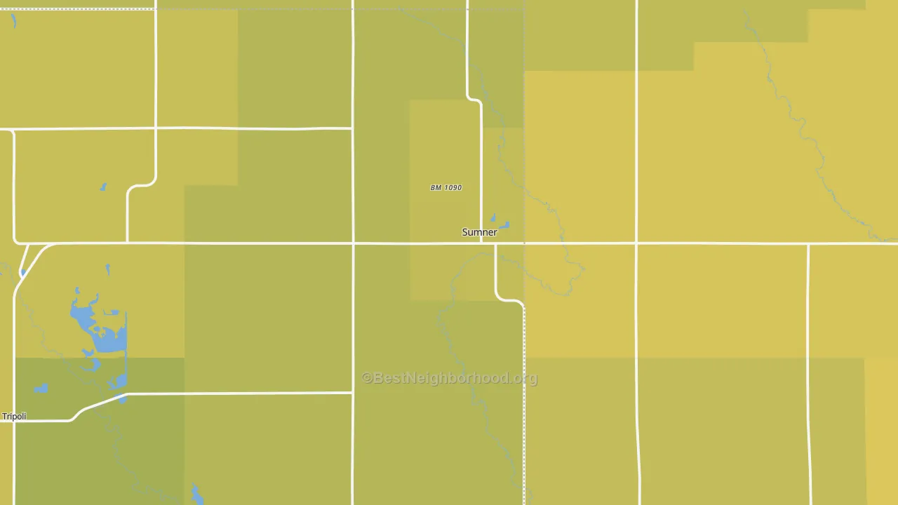 Map of the best neighborhoods in the 50674 area, with better matches in green and worse matches in red