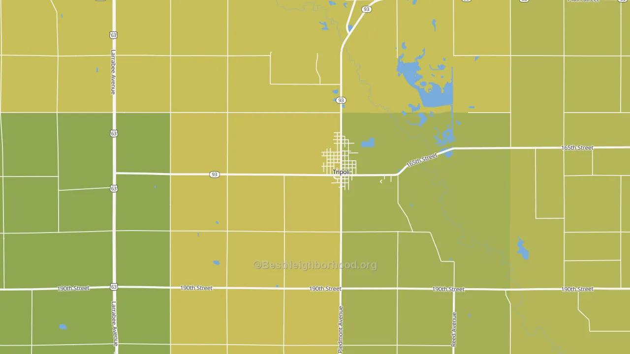 Map of the best neighborhoods in the 50676 area, with better matches in green and worse matches in red