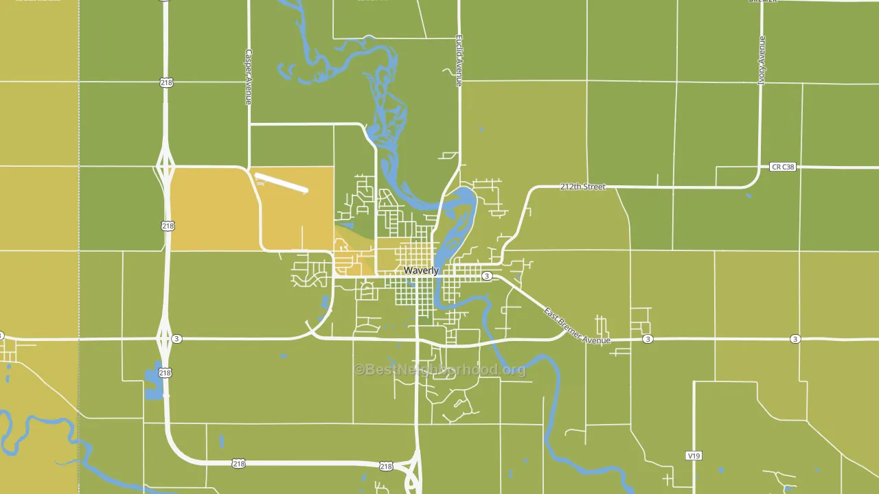 Map of the best neighborhoods in the 50677 area, with better matches in green and worse matches in red