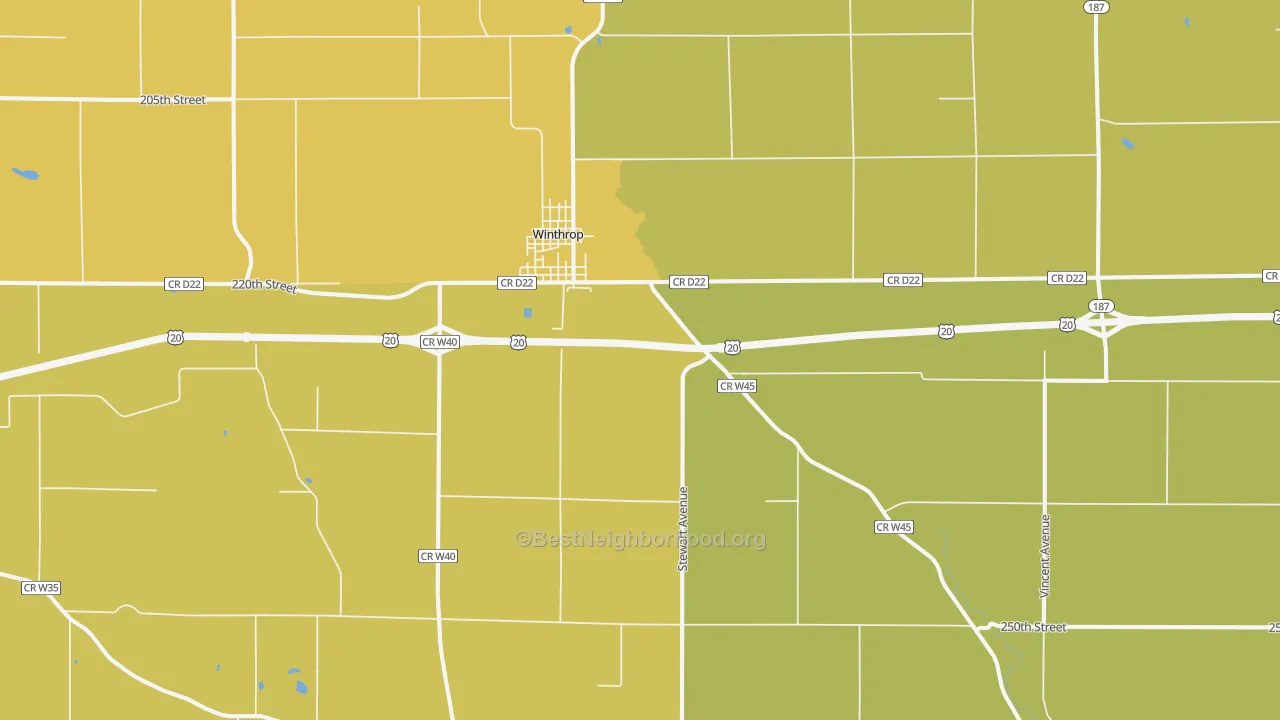 Map of the best neighborhoods in the 50682 area, with better matches in green and worse matches in red