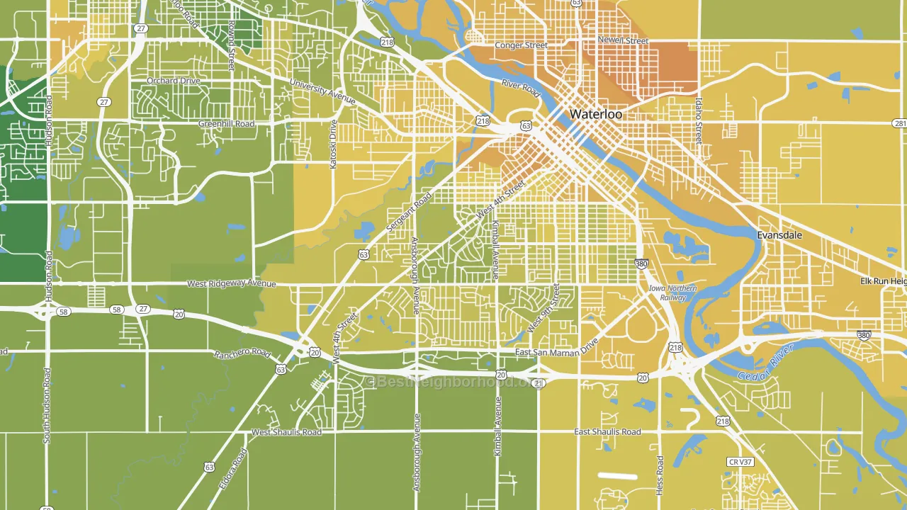 Map of the best neighborhoods in the 50701 area, with better matches in green and worse matches in red