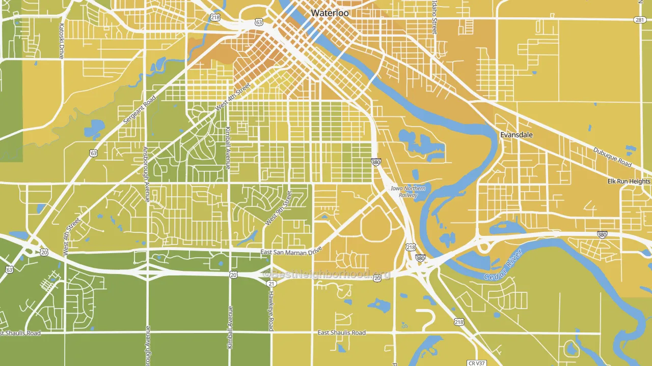Map of the best neighborhoods in the 50702 area, with better matches in green and worse matches in red