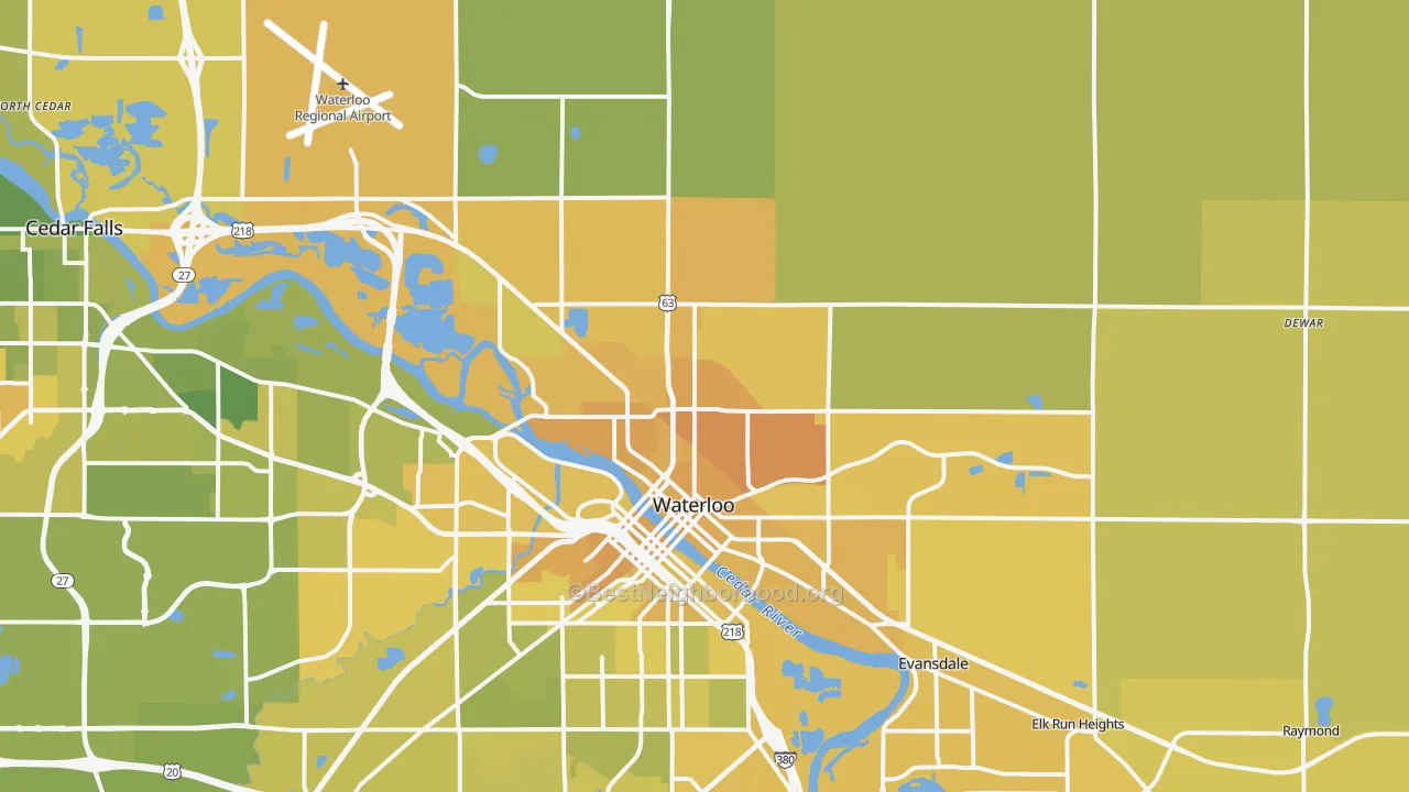 Map of the best neighborhoods in the 50703 area, with better matches in green and worse matches in red