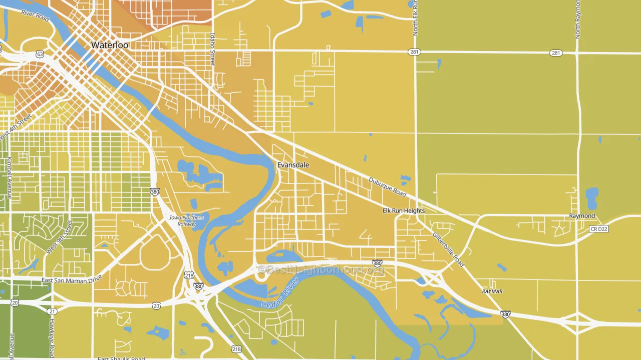 Map of the best neighborhoods in the 50707 area, with better matches in green and worse matches in red