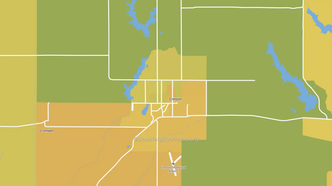 Map of the best neighborhoods in the 50801 area, with better matches in green and worse matches in red
