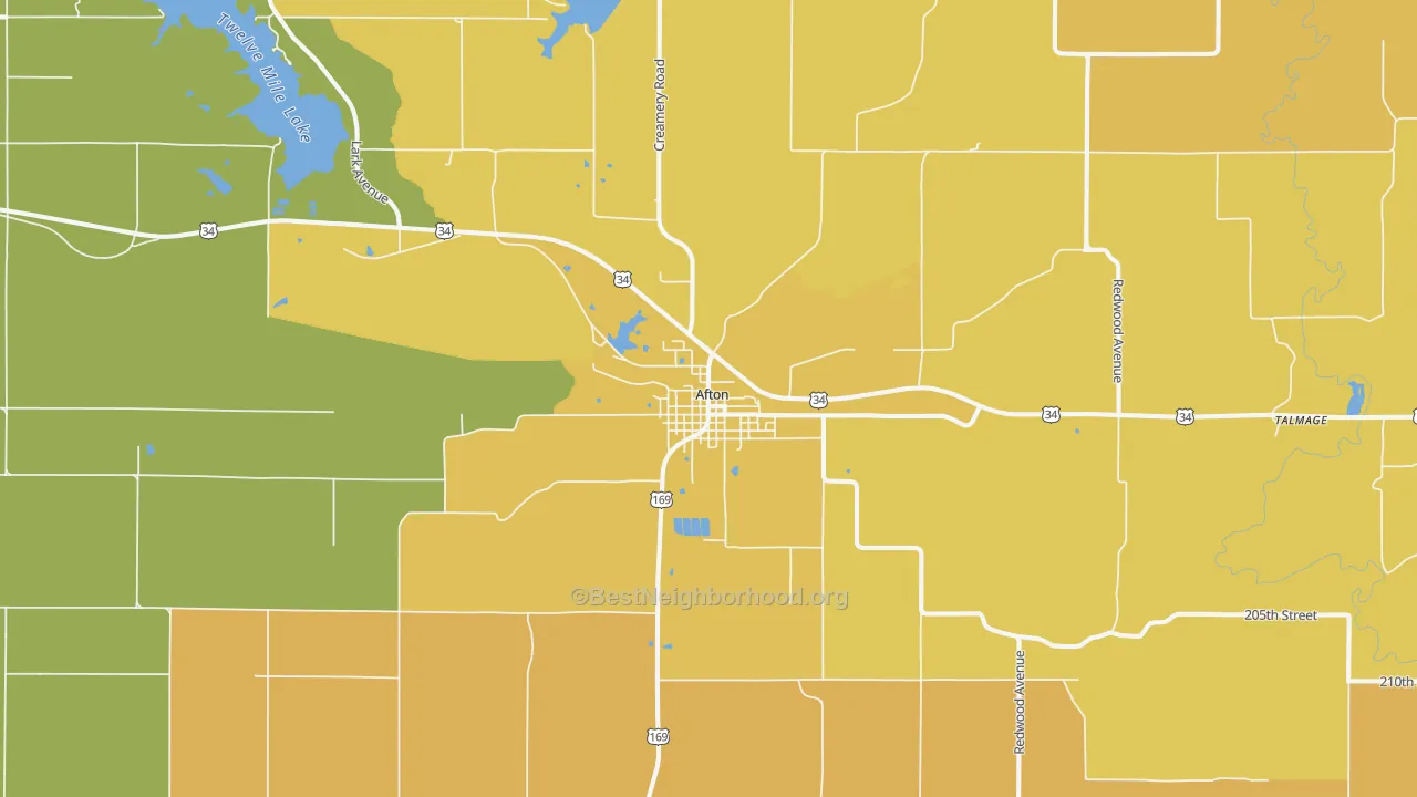 Map of the best neighborhoods in the 50830 area, with better matches in green and worse matches in red